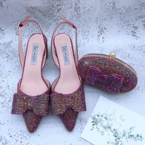 BS1246 Custom Handmade Multicolor Plum Crystal SlingBacks Dress Pumps Block Heel Women Bridal Wedding Shoes And Bag Set