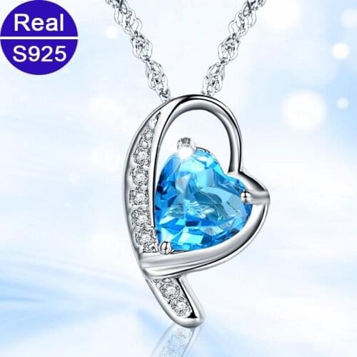 Red Trees Brand Fine Jewelry Wholesale 45 cm Sterling Silver Chains Women Blue Crystal Heart Necklace Silver 925