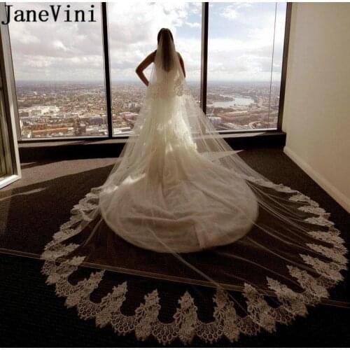 JaneVini Elegant 3.5 Meters Long Cathedral Wedding Veil Lace Edge White Soft Tulle Bridal Veil Two Layers Bride Veils With Comb