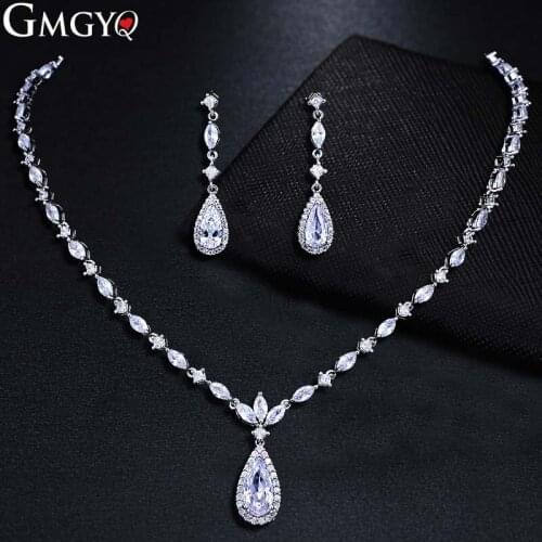 GMGYQ Simple Single-row Olive Zircon Necklace Long Water Drop Zircon Earings Brides Wedding Accessories Two-piece Set