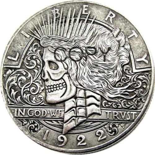 HB(42)US Hobo 1922 Peace Dollar skull zombie skeleton hand carved Silver Plated Copy Coins