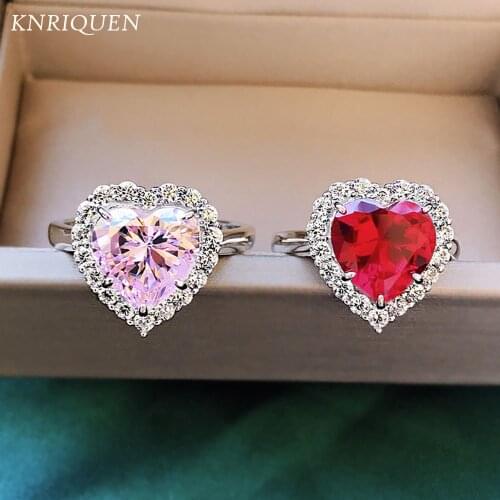 High Quality Gesmtone Rings for Women 10*10mm Heart Shape Ruby Pink Lab Diamond Wedding Ring for Girlfriend Fine Jewelry Gift