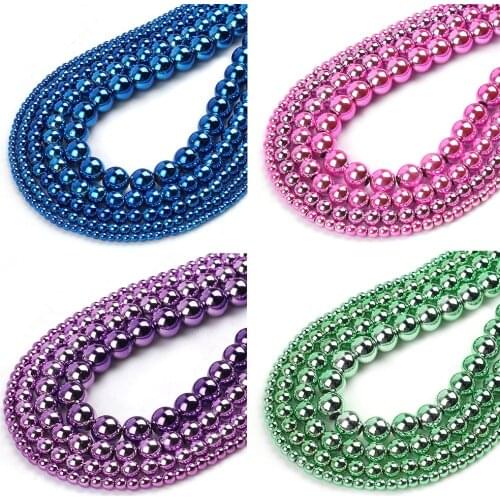 Natural Stone Dark Blue Plated Hematite Round Loose Spacer Beads For Jewelry DIY Making Bracelet Accessories 15''2/4/6/8/10mm