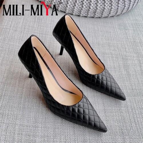 MILI-MIYA New Arrival Lattice Women Microfiber Pumps Solid Color Sexy Pointed Toe Thin Heels Slip On Dress Party Shoes Handmade