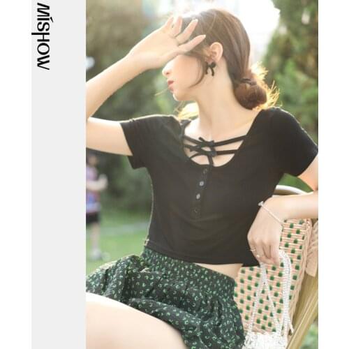 MISHOW Black T-shirt Women 2021 Summer New Slim Tees Bow Short Sleeve Hot Girls Tops Sexy T-Shirts for Women MXA25T0042