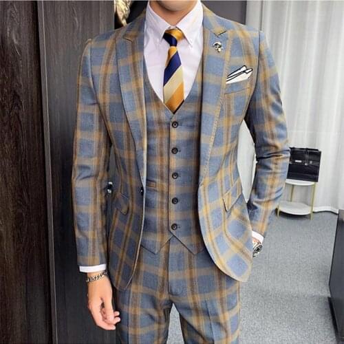 Mens Spring Suit 3 Pcs / 2 Pcs Khaki Gray Plaid Dress Formal Mens Suit Classic Mens Wedding Dress Slim Dress Formal Costume
