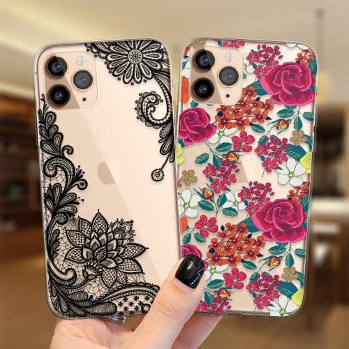 Peony Loves Rose Lace Flower Phone Case For iPhone 11 12 Pro Max XS X XR 6 6S 7 8 Plus 5S SE 2020 12Mini Soft Silicone Cover