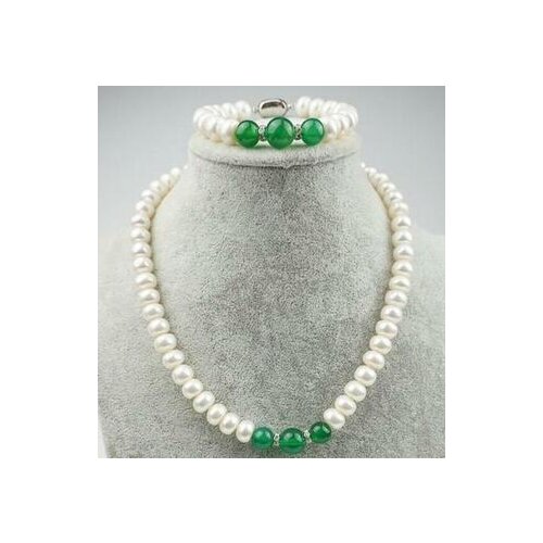 Genuine Natural 5X7MM WHITE CULTURED PEARL & GREEN JADE necklace Bracelet AAA