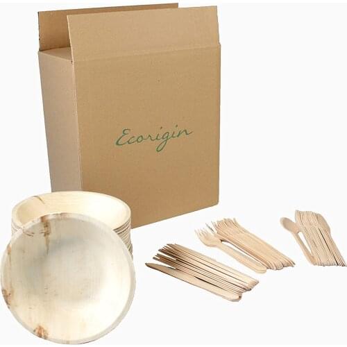 Ecorigin disposable tableware Pack for 25 people. 25 palm leaf trees, 75 Birch Wood cutlery. Biodegradable
