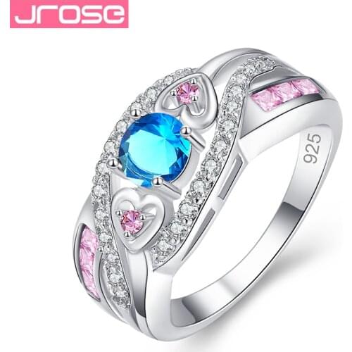JROSE Wedding Faashion Round Cut Mystic Rainbow & White & Purple Cubic Zirconia Silver Ring Size 6 7 8 9 10 11 12 13 For Lady