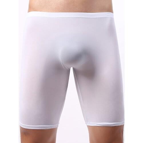 Long Boxer Men Bulge Pouch Underwear Ice Silk Boxer Shorts Mens Sport Seemless Long Leg Knickers Underpants Sexy Pouch Panties