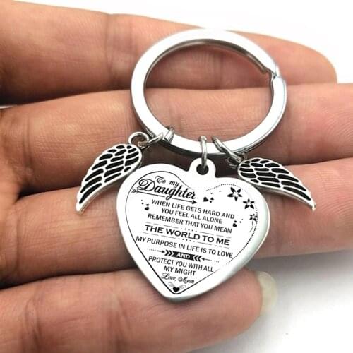 Dad Mom To My Daughter Heart Pendant Keychain Angel Wings Inspirational Letter Key Chain Stainless Steel Jewelry Love Gifts