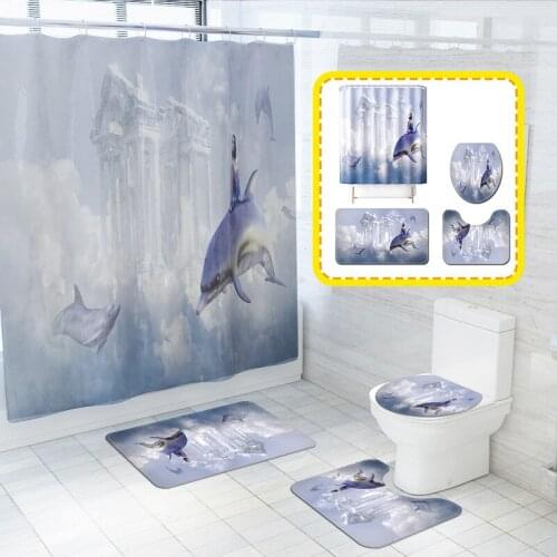 Sky Clouds Pattern Polyester Fabric Shower Curtains Dolphin Bath Screen Curtain Pedestal Rug Lid Toilet Cover Bathroom Mat