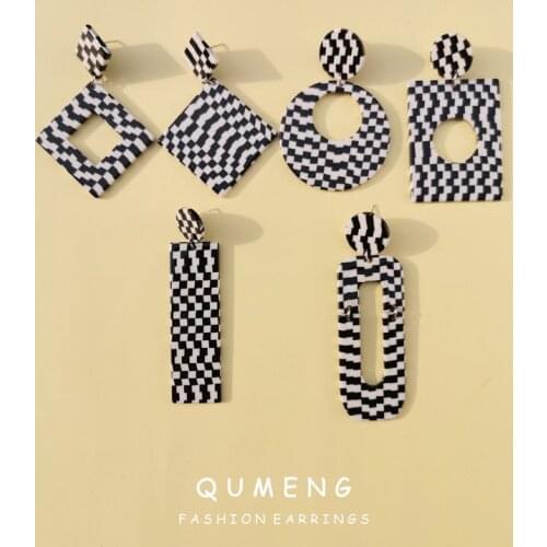 QUMENG 2020 korean Trendy Black-White lattice Large Acrylic stud Earrings For Women Geometric Acetic Acid Houndstooth Earrings