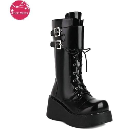 Womens High Platform Mid Calf Boots Girls Wedges Chunky High Heel Knight Boots Round Toe Non-slip Combat Shoes Gothic Black Punk