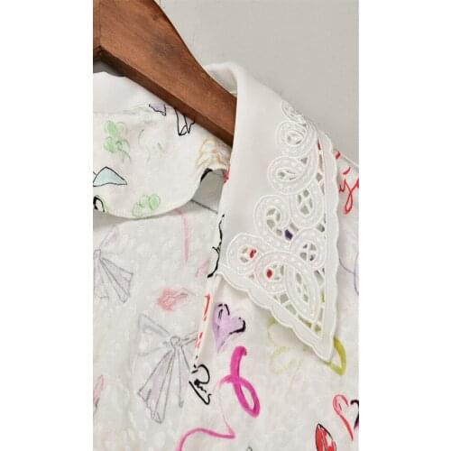 Womens Playsuit Graffiti Print Embroidery Hollow Out Collar Short Sleeve V-Neck Sweet Ladies Romper Female Outfit