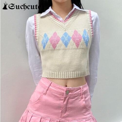 SUCHCUTE Preppy Style Argyle Plaid Sweater Vest Women Y2K V Neck Cropped Knitted Vest Streetwear Autumn 2020 Ladies Pullover