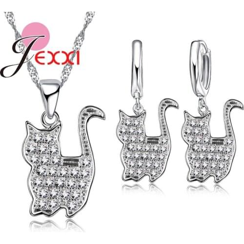 925 Sterling Silver CZ Crystal Jewelry Sets Beautiful Chain Pretty Persian Cat PendantsNecklace Earrings Lovers Gift