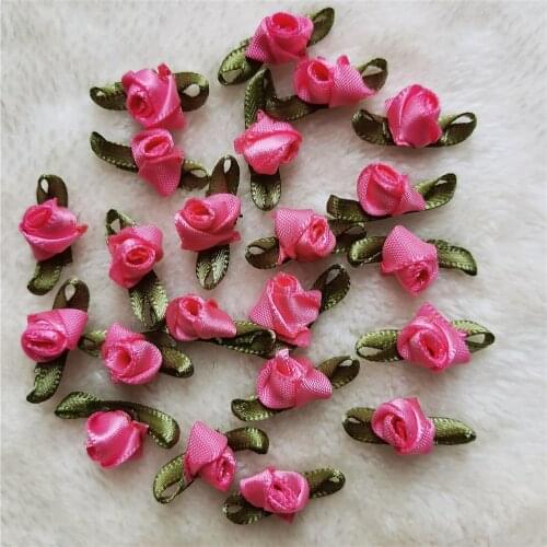 50pcs Mini Artificial Rose Red Flowers Make Satin Ribbon Appliques Handmade Sewing Crafts For Wedding Decoration Accessories
