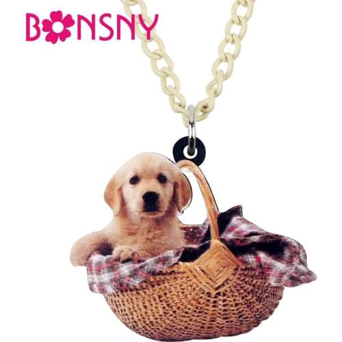 Bonsny Acrylic Basket Labrador Dog Necklace Pendant Cartoon Animal Jewelry For Women Girl Ladies Sweet Charm Gift Accessory Bulk