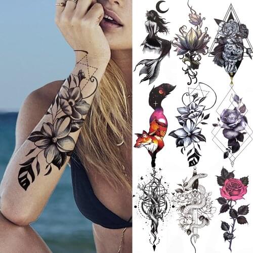 Flower Geometric DIY Temporary Tattoos Black Lily Lotus Peony Tattoo Sticker Charm Mermaid Fox Snake Fake Tatoo For Women Girl