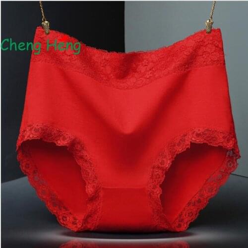 CHENG HENG Increase Cotton High Waist Ladies Underwear Solid Color Lace Briefs Add Fat High Waist Female Underwear Tummy Hips