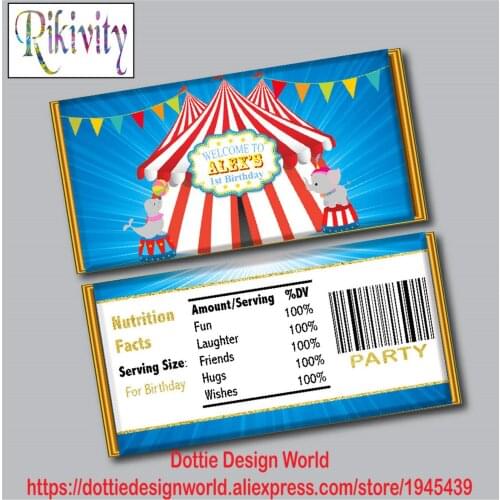 Carnival Circus Birthday Party Favors Candy Bar Hershey Chocolate Wrapper Stickers Water Bottles Labels Baby Shower Decoration