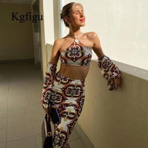 KGFIGU 2021 Summer New Arrival Halter Half Sleeve Printing Off Shoulder Causal Elegant Street Wear Women Two Pieces Set