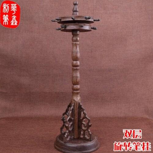 Chinese Wooden Round Paint Brush Pen Stand 12-Hanger Double Layer Pen Holder