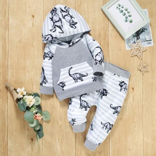 2Pcs Little Boys Outfit, Toddlers Leisure Style Cartoon Dinosaur Printing Long Sleeve Hooded Tops + Striped Long Pants Set