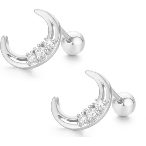 Cute Hollow Moon Set Three CZ Stones Screw Back Stud Earrings For Women Kids Girls Rose Gold Color Piercing Jewelry Oorbellen
