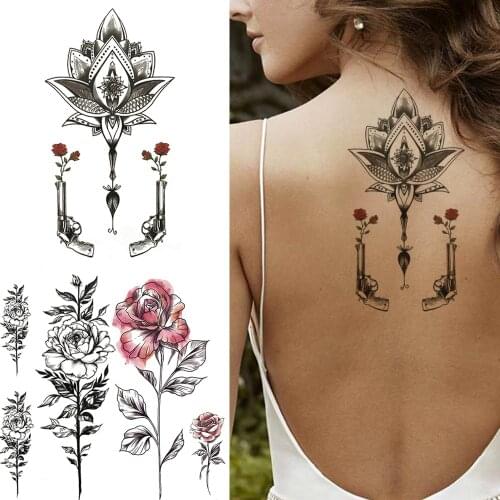 Lotus Fake Temporary Tattoo For Women Girls Flower Branch Tattoos Sticker AK47 Leaves Water Transfer Tatoo Body Back Wrist Ankle