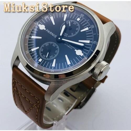 Parnis 2020 New 47mm Mens Top Luxury Mechanical Watch Black Dial Luminous Leather Strap Power Reserve Mens Automatic Watch