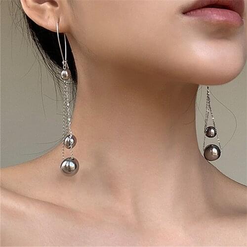 2021 New Long Metal Beads Hanging Earrings Unusual Women Elegant Tassel Drop Earrings Trendy Punk Silver Color Earrings Jewelry