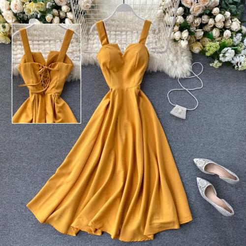 2021 Summer Casual Women Boho Beach Dress Sleeveless Party with Chest Pad Long Dresses Sundress Backless Yellow Dress Robe Y829