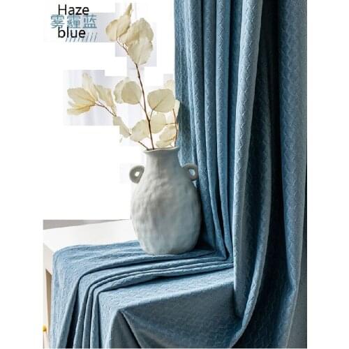 Simple Modern Velvet Embossed Blue Curtains for Living Room Bedroom European Nordic Solid Color Textured Curtains Tulle Custom