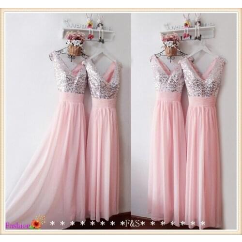 Real Sample cheap Shiny Sequined Long Pink Chiffon Formal Party robe de soiree 2018 vestido de noiva prom gown Bridesmaid Dress