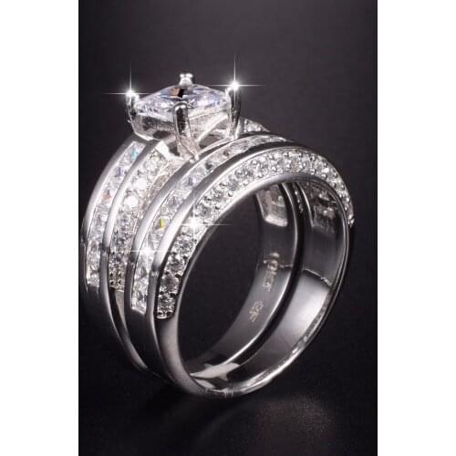 Luxury Princess-cut white topaz Rings Sets 2-in-1 Engagement Wedding Ring finger For Women 10KT White gold Plated Jewelry