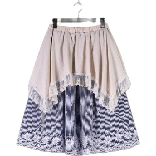 Lolita Mori Girl Sweet Floral Striped Lace Cake Embroidery Ruffle Crochet Cotton Linen Patchwork Sundress Women Summer Skirt