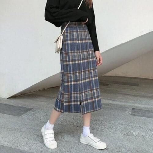 Woolen plaid pencil skirts young women high waist A-line skirt vintage windproof warm skirt lady girls mid-length skirts BSQ065