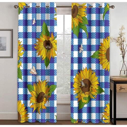 3D Blue Simple Lattice Sunflower Pattern Blackout Curtain Set Hook, Suitable for Home Curtains In Living Room and Bedroom