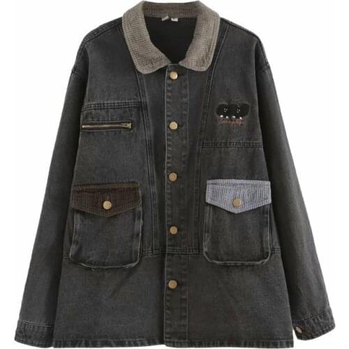 Jeans Jacket For Women Black Cartoon Embroidery Casual Denim Coat 2020 Winter Sweet Long Sleeve Turndown Collar Ladies Outwears