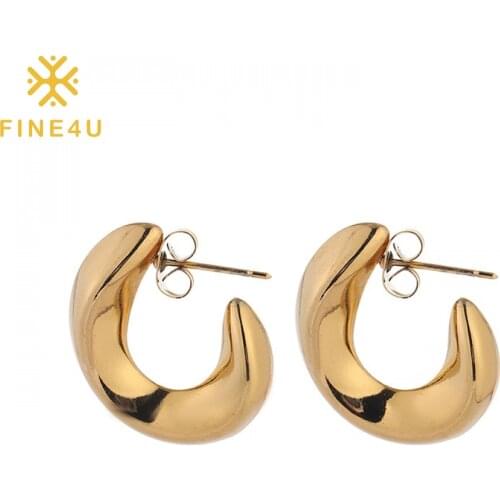 FINE4U E315 Womens Open C Shape Chunky Small Hoop Earrings Stainless Steel Lightweight Open Earring for Women Girls