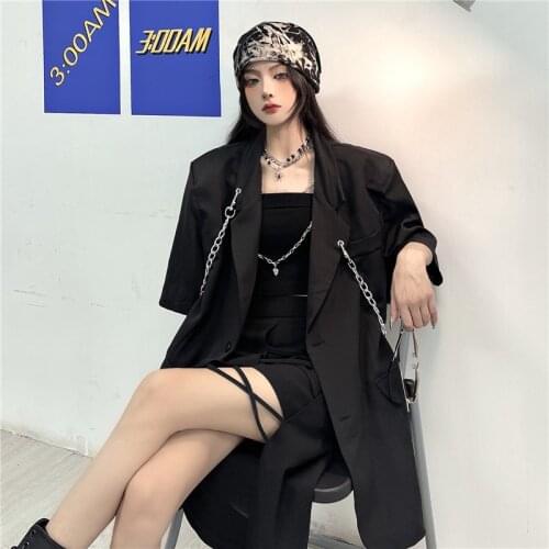 Gothic Punk Black Blazer Jacket Coat Women 2021 Summer Short Sleeve High Street Fashion Outwear Back See Through Mesh Design Top