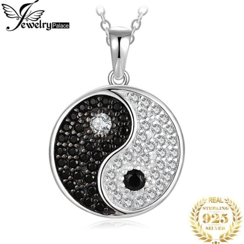 JewelryPalace Tai Chi Yin Yang 925 Sterling Silver Pendant Necklace Women Natural Black Spinel Round Gemstone Pendant No Chain