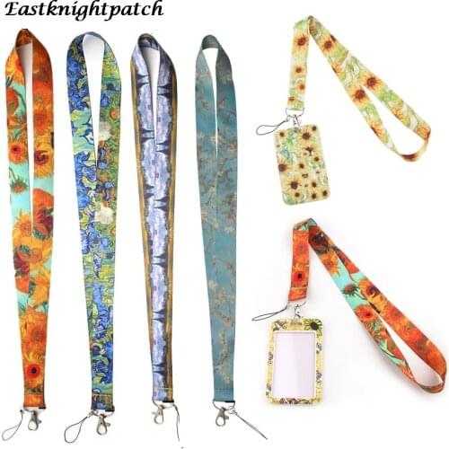12pcs/lot E2566 Vangogh Sunflower Bank Card Neck Strap Holders Card Credit Card ID holder Identity badge Women Man With Lanyard