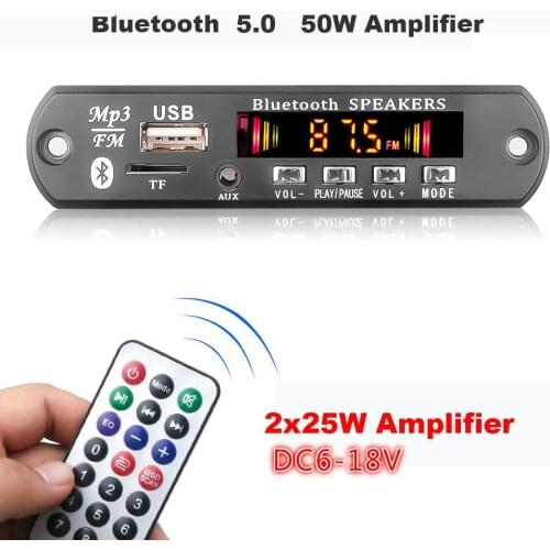 50W Amplifier MP3 WMA Decoder Board 6-18V Wireless Bluetooth5.0 Hands-free Car Audio USB TF FM Radio Module with Remote control