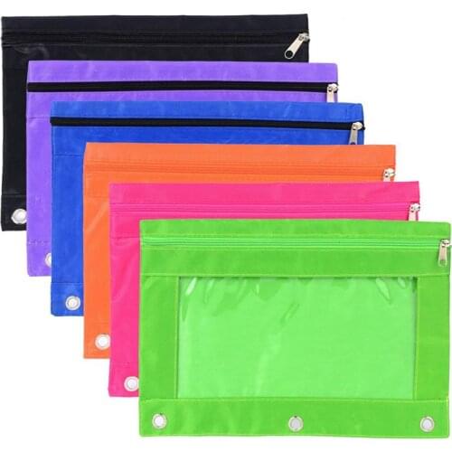 6 Pieces Ring Binder Pouch Pencil Bag with Holes 3-Ring Zipper Pouches with Clear Window (6 Colors)