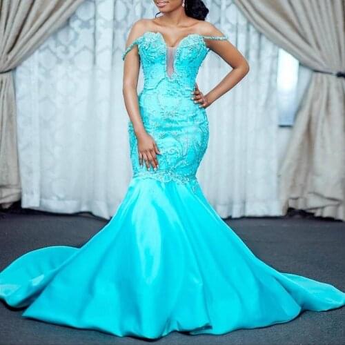 African Evening Dresses For Women Mermaid Beaded Appliques Plunging Neckline Off The Shoulder Aso Ebi Plus Size Formal Gowns