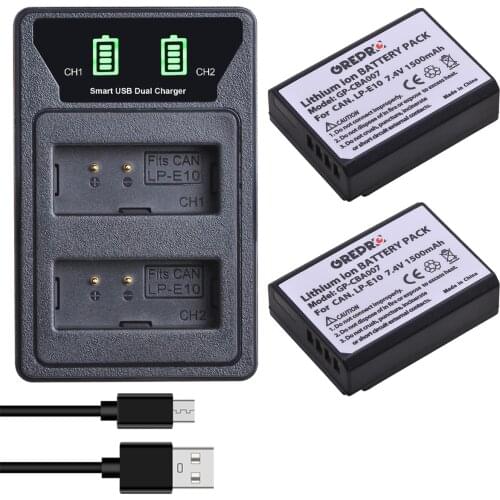 1500mAh LP-E10 LPE10 Battery + LP E10 Charger with Type-C and USB port for Canon 1100D 1200D 1300D 2000D Kiss X50 X70 Rebel T3 T